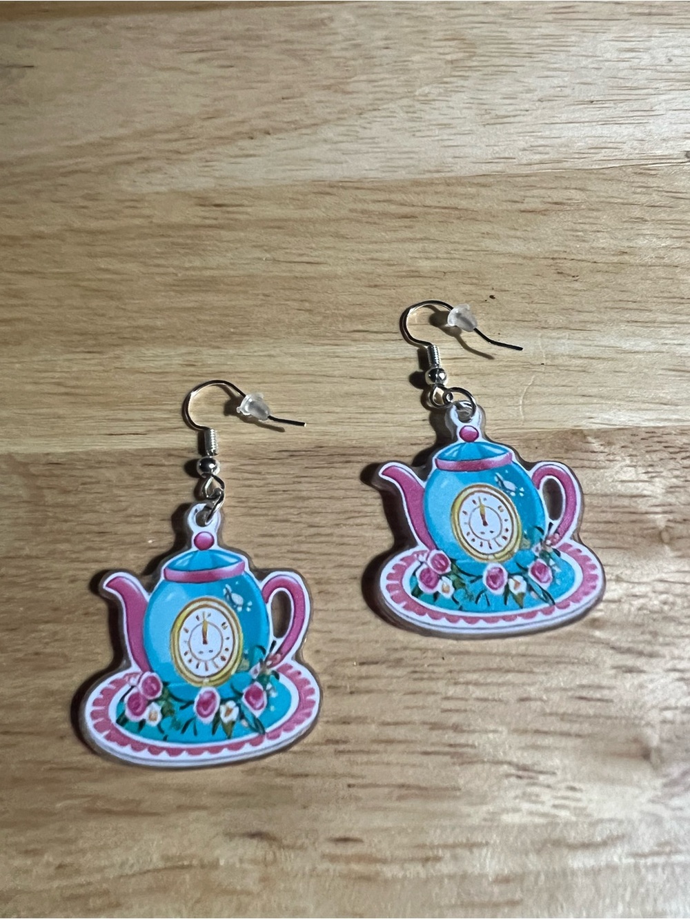 Unbranded Teapot Rose Drop Earrings - Blue & Pink E189